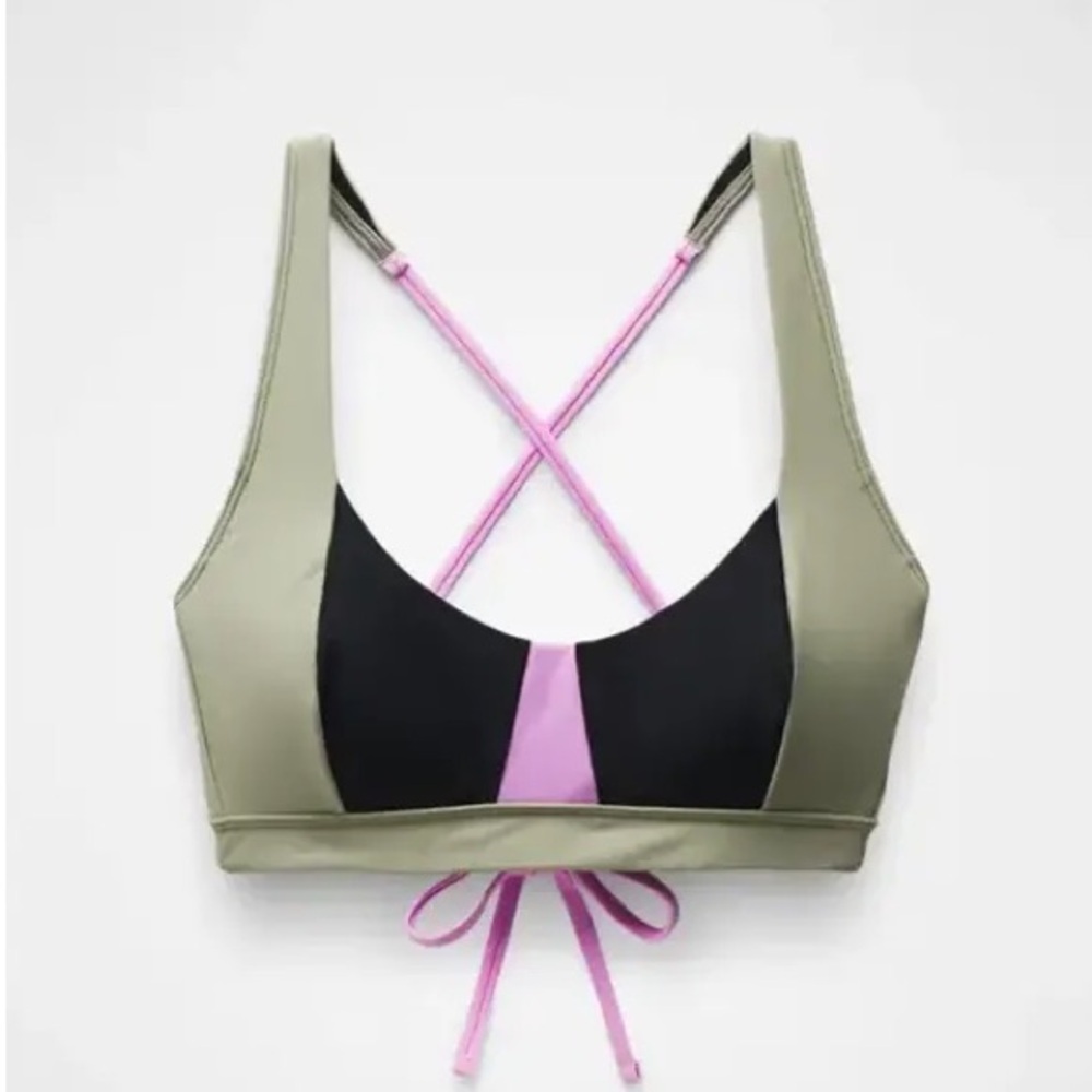 NWT prAna Tulum Bikini Top - Black Green Pink/Purple Color Block sporty lace up